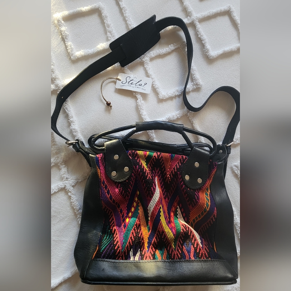 Stella 9 Multicolor Patterned Black Leather Women's Bag